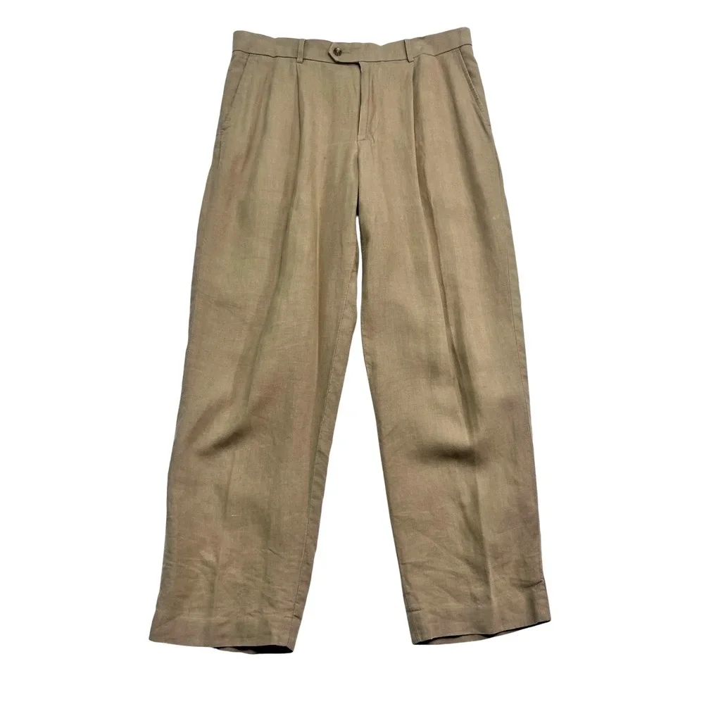 vtg Y2K Murano 36x30 Tan Khaki 100% Linen Pants Trousers Pleated Lightweight
